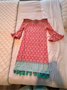 Women Pink Off-Shoulder Tassel Hem Dress Cabana Life Size Medium